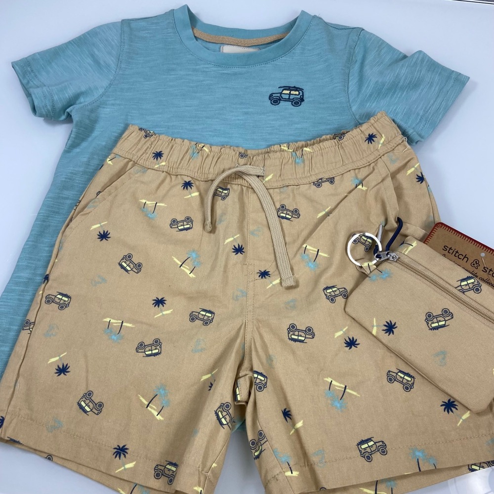 Stitch & Stone Boys Size 6 Blue Tan 3pc Shirt Shorts Pouch Set NEW Jeep Surf